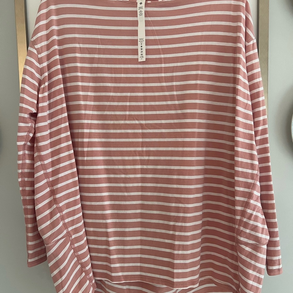 Lululemon Athletica Pink and White Striped Back in Action Long Sleeve Tee